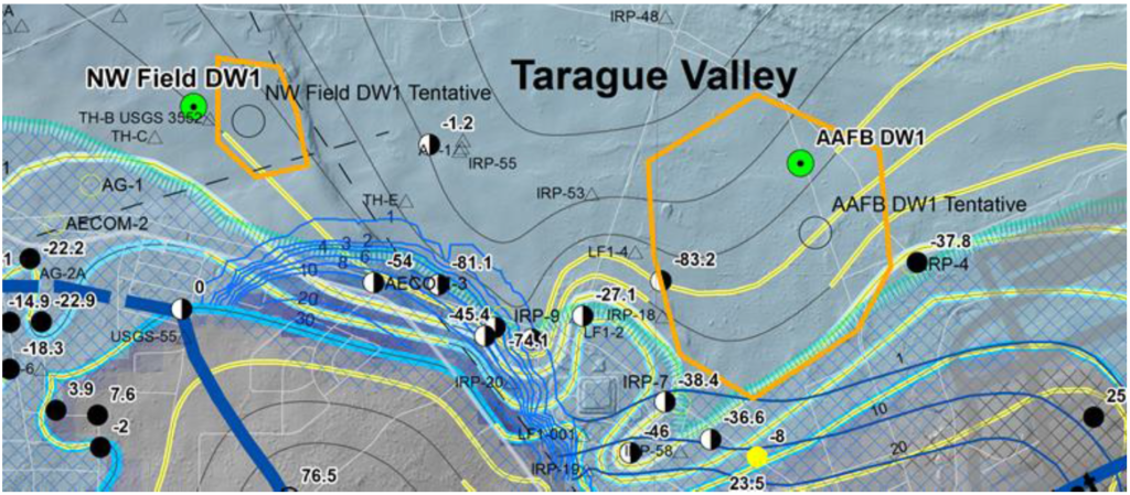 Sites for proposed new wells, NW Field DW1 and AAFB DW1, in the Andersen and Agafa Gumas Aquifer Basins.