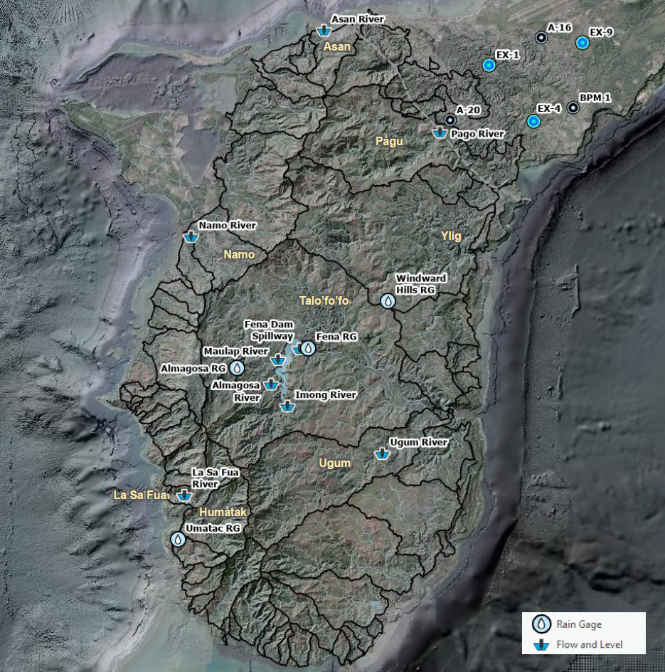 map of southern Guam watershed and rain gauge stations
